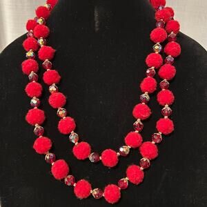 Rare! Vintage Vendome Necklace Double strand Red glass and fuzzy beads #C98